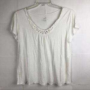 J Jill White Soutache Trimmed Tee Braided Scoop Large